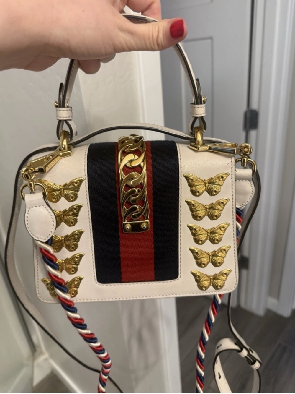 Gucci White Leather Mini Top-Handle Bag with Red and Blue Stripe